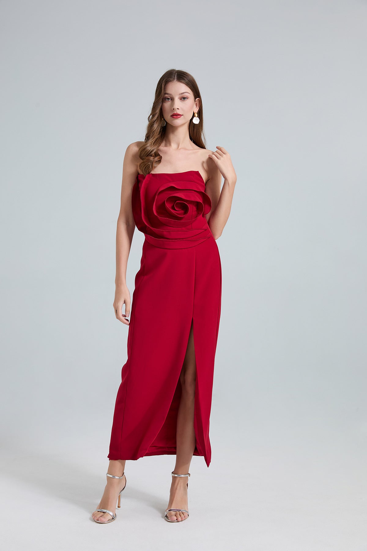 Strapless 3D Rose Maxi Dress – Red